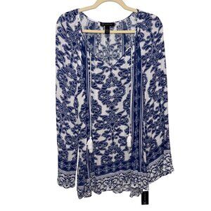 NWT INC Womens Boho Blue & White Long Sleeve Top Size L Damask Scroll